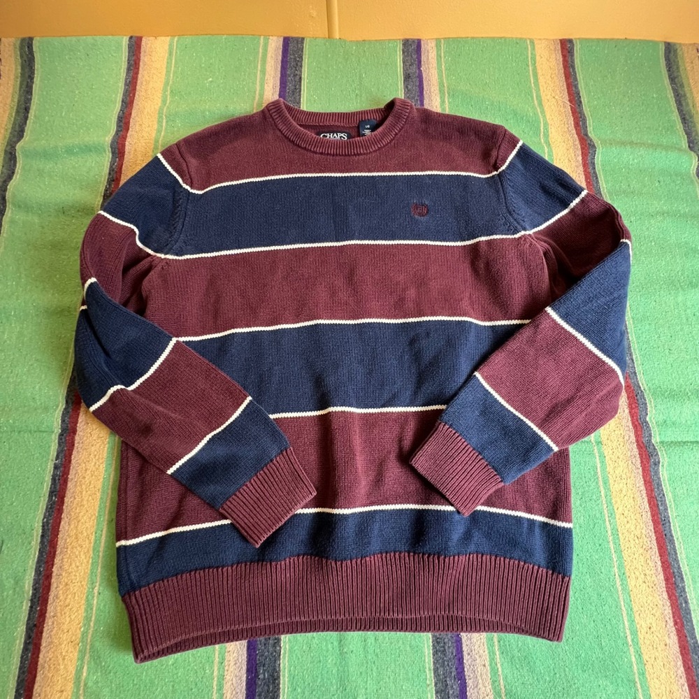 Chaps Sweater Mens Large Burgundy Navy Blue Striped Cotton Crewneck Pullover